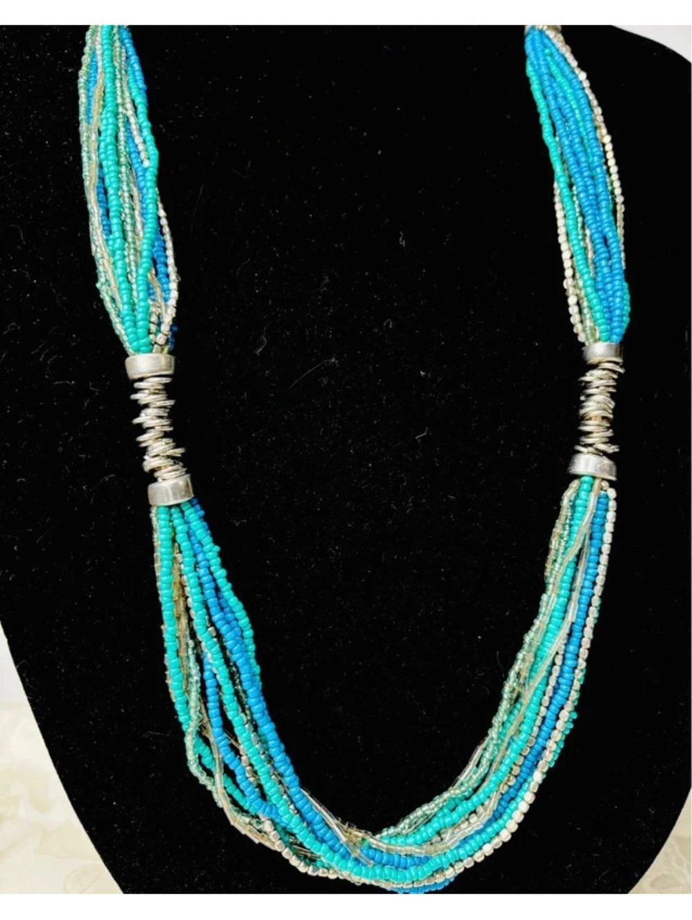 Ann Taylor Loft Turquoise and Silver Seed Bead Multi Strand Boho Necklace 37"